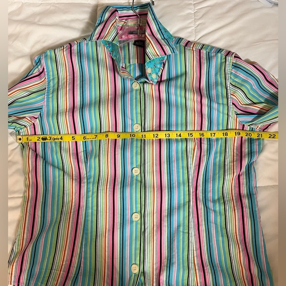 Shirtales Women’s Blouse Striped Ribbon Collar Flip Cuff Size M Long Sleeve - Picture 7 of 13